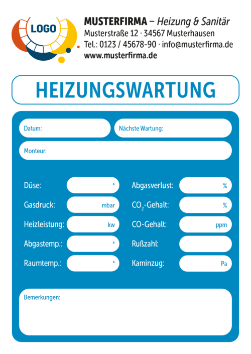 Wartungsaufkleber Heizung mit Ihrem Logo und Wunschtext, DIN A6, 105 x 148 mm